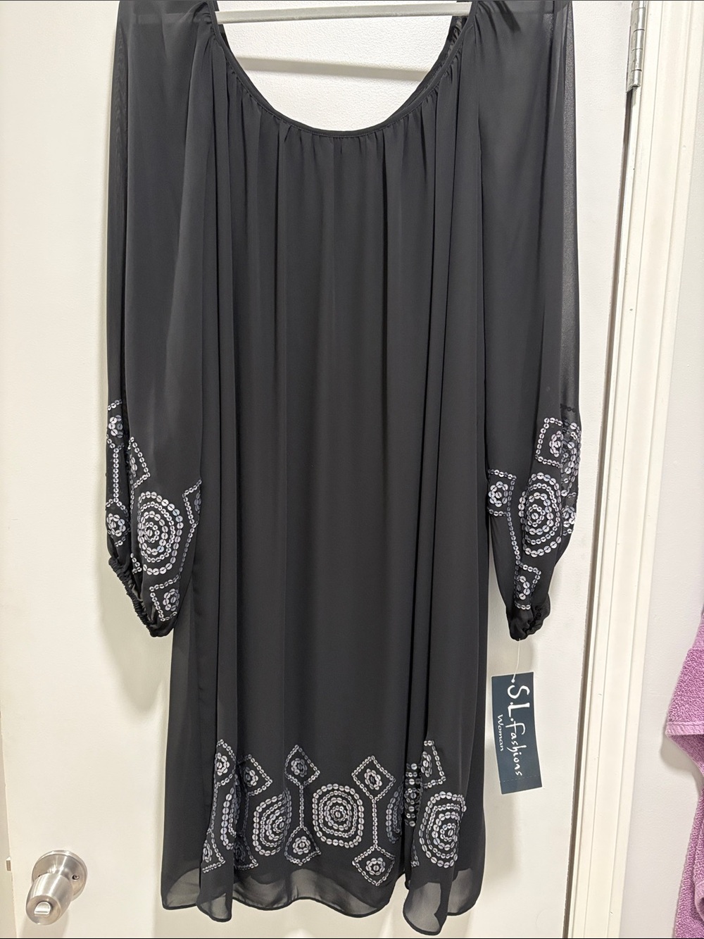 S.L. Fashions Black  Long Sleeve Sheer Dress with Silver Embellishments